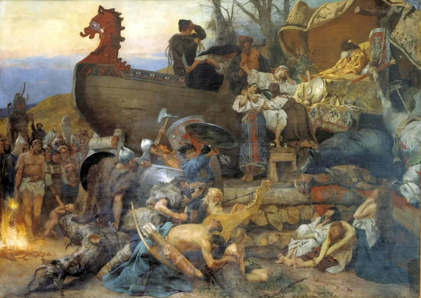 Henryk Siemiradzki's 1883 painting of a Rus' chieftain's ship funeral on the Volga, based on Ibn Fadlan's account