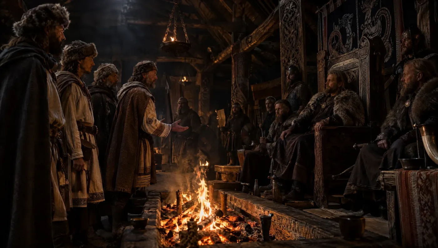 Artist's impression of Slavic and Finnic envoys addressing a Varangian chieftain in a firelit hall
