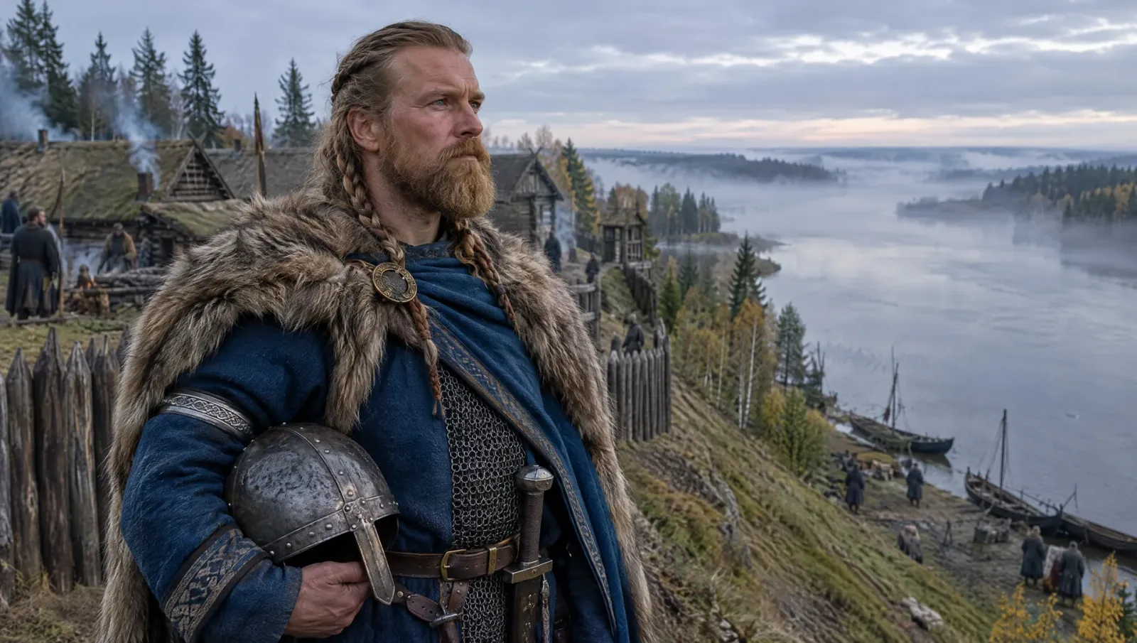 Artist's impression of a Viking chieftain on a palisaded hillfort above a misty river in northern Rus'