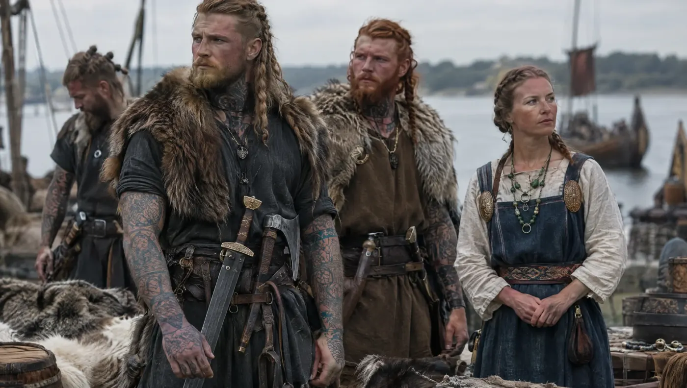 Illustration of tattooed Rus' Viking traders and a woman wearing oval brooches, based on Ibn Fadlan's description