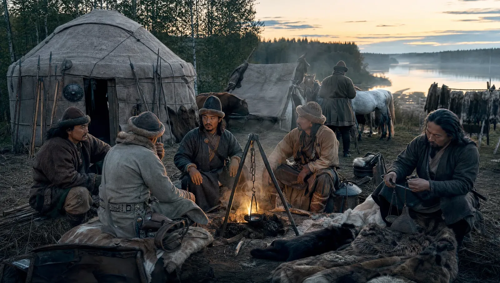 Artist's impression of Volga Bulgar fur traders around a campfire by a yurt on the river bank