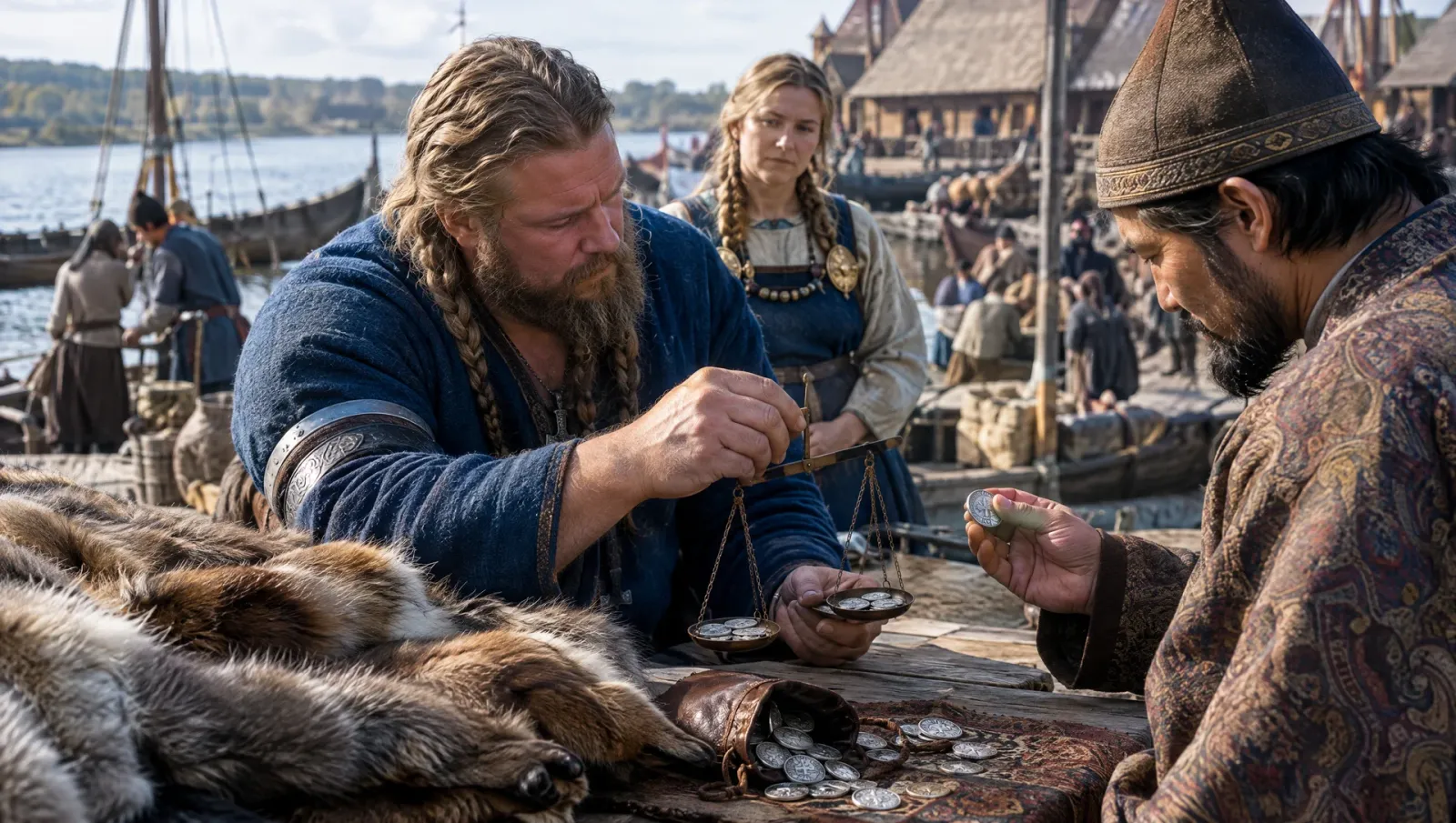 Artist's impression of a Scandinavian trader weighing Islamic silver coins for furs at a river market